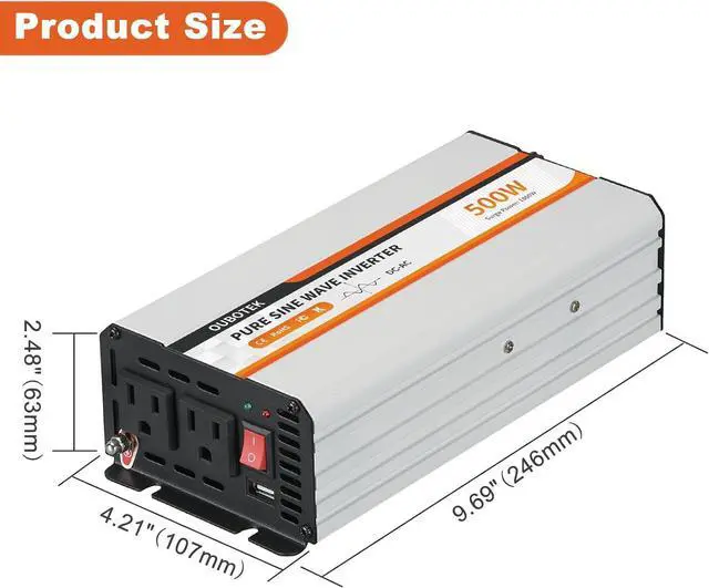 Alt view image 5 of 7 - 500W Power Inverter, DC 12V to 120V AC Converter for Vehicles Car, Pure Sine Wave Adapter with USB Port and 2 AC Outlets Car Charger for Laptop Smartphone Small Power Tool