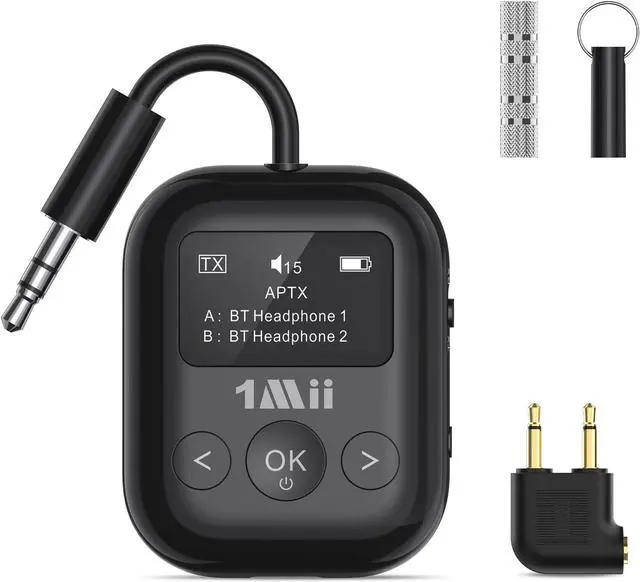 Main image of Safefly Min+ Bluetooth Transmitter and Receiver for Airplane/TV to 2 Bluetooth Headphones, 3.5mm Aux Wireless Audio Adapter with Screen for AirPods, Flight, Gym, Car/Home Stereo, Travel