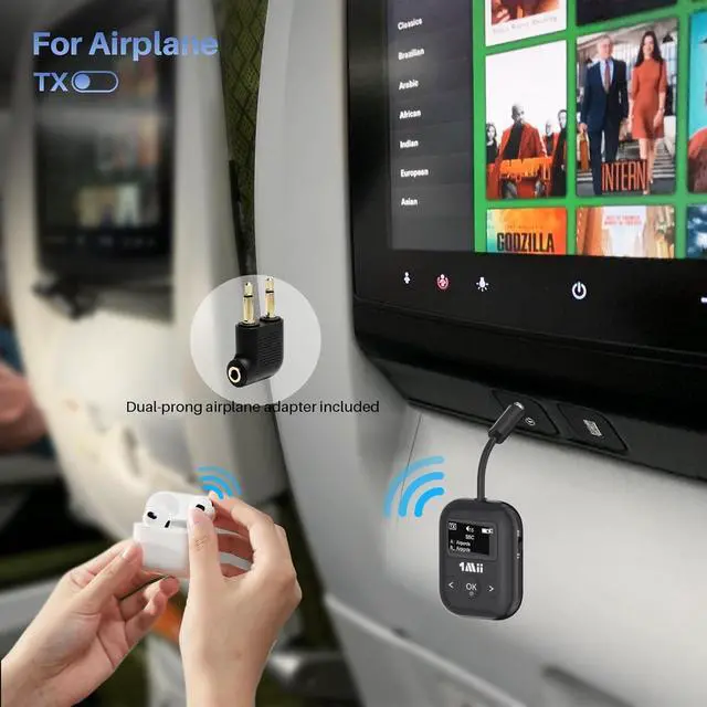Alt view image 2 of 7 - Safefly Min+ Bluetooth Transmitter and Receiver for Airplane/TV to 2 Bluetooth Headphones, 3.5mm Aux Wireless Audio Adapter with Screen for AirPods, Flight, Gym, Car/Home Stereo, Travel