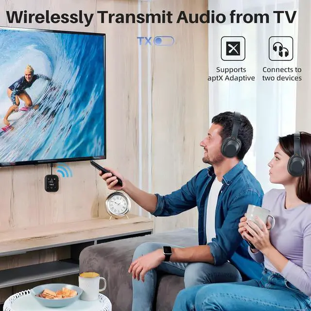 Alt view image 3 of 7 - Safefly Min+ Bluetooth Transmitter and Receiver for Airplane/TV to 2 Bluetooth Headphones, 3.5mm Aux Wireless Audio Adapter with Screen for AirPods, Flight, Gym, Car/Home Stereo, Travel