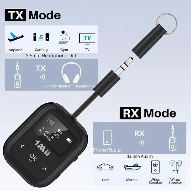 Alt view image 5 of 7 - Safefly Min+ Bluetooth Transmitter and Receiver for Airplane/TV to 2 Bluetooth Headphones, 3.5mm Aux Wireless Audio Adapter with Screen for AirPods, Flight, Gym, Car/Home Stereo, Travel
