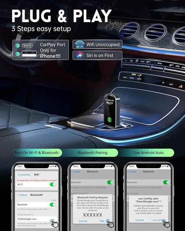 Alt view image 3 of 7 - Wireless CarPlay Adapter- Mini Edition, Converts Factory Wired to Wireless CarPlay Dongle Plug & Play CarPlay Wireless Adapter for Apple iPhone iOS 10+ & Cars from 2015+(Brushed Cobalt Blue)
