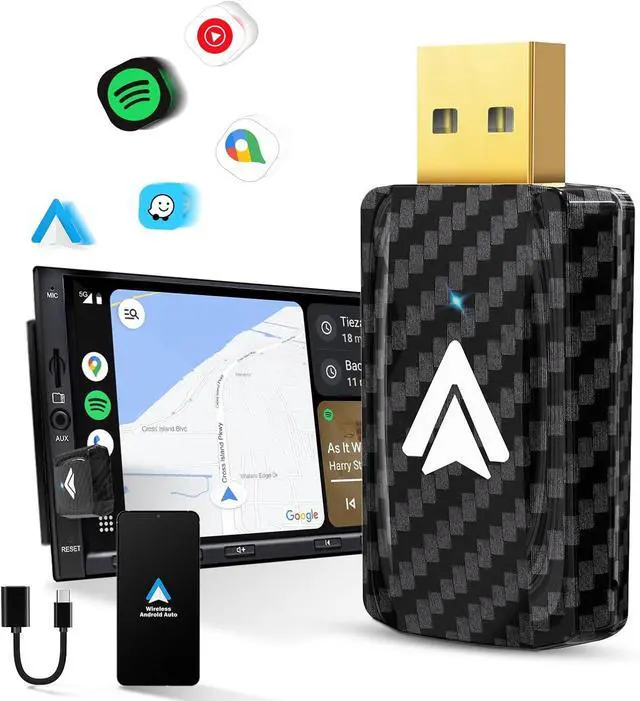 Main image of Android Auto Wireless Adapter for Car Small Dongle, Compatible with AndroidAuto Car Models 2017 Above with Wired, for Android Phones Version 11 Above, Carbon Fiber Black