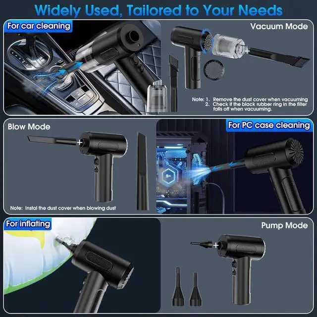 Alt view image 6 of 7 - Air Duster, 100000RPM Handheld Car Vacuum/Air Blower& Pump, 3 Gear Adjustable Electric Air Duster/Car Vacuum Cleaner, Keyboard Duster with LED Light-10 Kits Air Blower for Computer