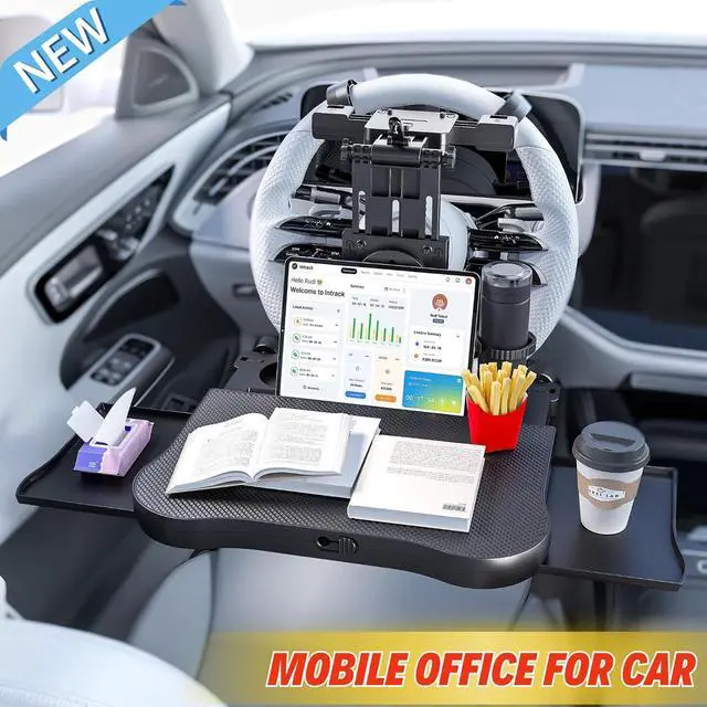 Alt view image 2 of 7 - Large Car Desk for Laptop | Steering Wheel Tray Table | Foldable Back Headrest Seat Eating Food Trays with Drinks Cupholder Phone Tablet Holder for Kids | Car Travel Essentials for Long Trips
