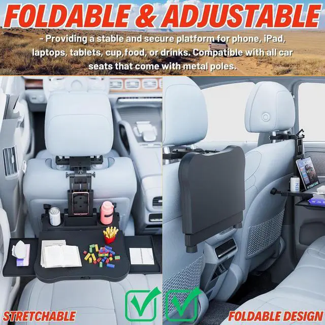 Alt view image 5 of 7 - Large Car Desk for Laptop | Steering Wheel Tray Table | Foldable Back Headrest Seat Eating Food Trays with Drinks Cupholder Phone Tablet Holder for Kids | Car Travel Essentials for Long Trips