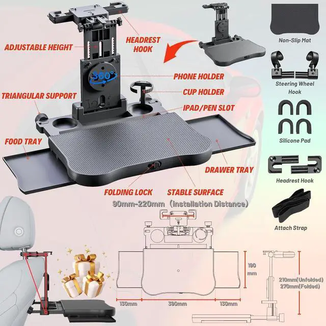 Alt view image 6 of 7 - Large Car Desk for Laptop | Steering Wheel Tray Table | Foldable Back Headrest Seat Eating Food Trays with Drinks Cupholder Phone Tablet Holder for Kids | Car Travel Essentials for Long Trips