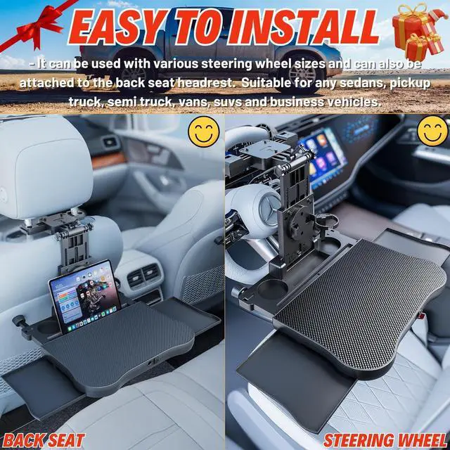 Alt view image 4 of 7 - Large Car Desk for Laptop | Steering Wheel Tray Table | Foldable Back Headrest Seat Eating Food Trays with Drinks Cupholder Phone Tablet Holder for Kids | Car Travel Essentials for Long Trips