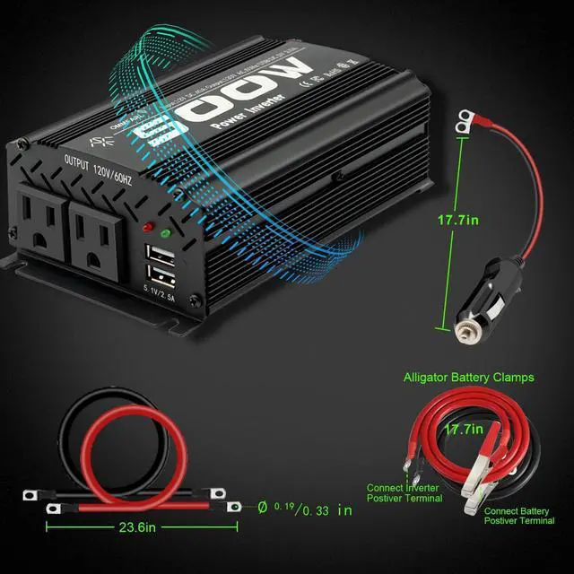 Alt view image 3 of 7 - 500W Modified Sine Wave Power Inverter DC 12V to AC 110V, Peak 1000Watt, Car Plug Inverter Adapter Power Converter with 4.2A Dual USB Charging Ports Black