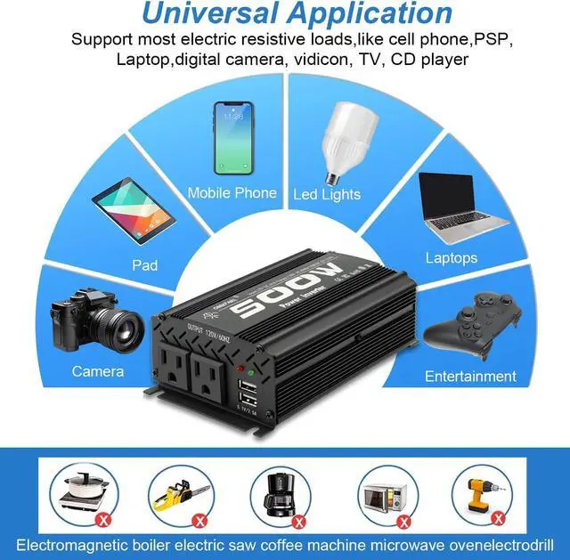 Alt view image 6 of 7 - 500W Modified Sine Wave Power Inverter DC 12V to AC 110V, Peak 1000Watt, Car Plug Inverter Adapter Power Converter with 4.2A Dual USB Charging Ports Black