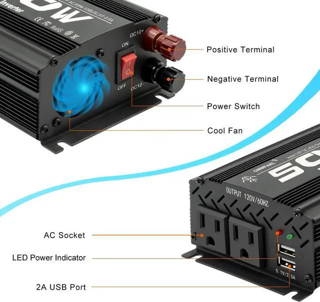 Alt view image 2 of 7 - 500W Modified Sine Wave Power Inverter DC 12V to AC 110V, Peak 1000Watt, Car Plug Inverter Adapter Power Converter with 4.2A Dual USB Charging Ports Black
