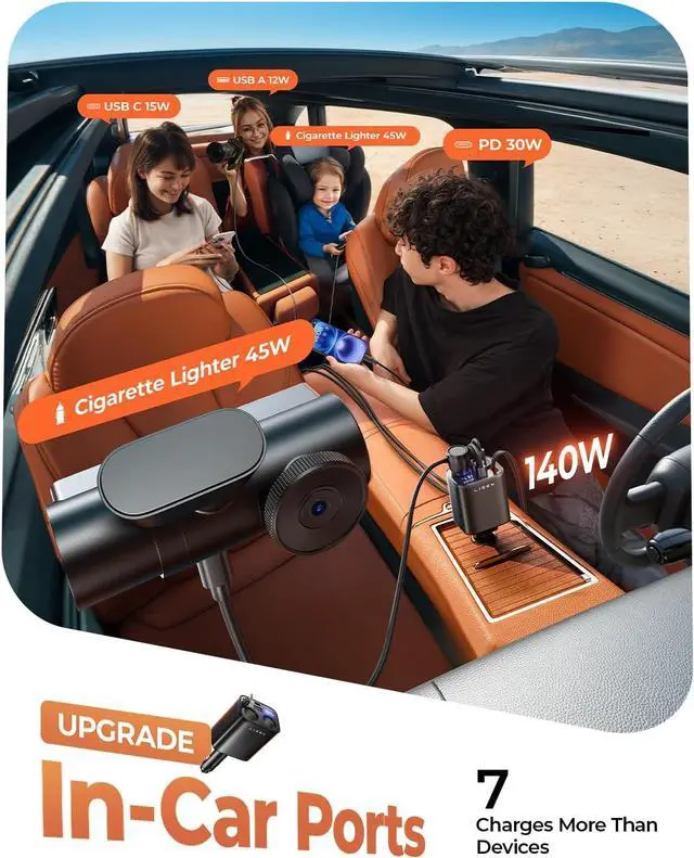 Alt view image 2 of 7 - 140W Retractable Car Charger with Dual Cigarette Lighter Splitter Adapter, Cigarette Lighter Splitter 2 Socket for Road Trip, 24/ 12V Double Car Charger Adapter for iPhone 16 15 14 13 12