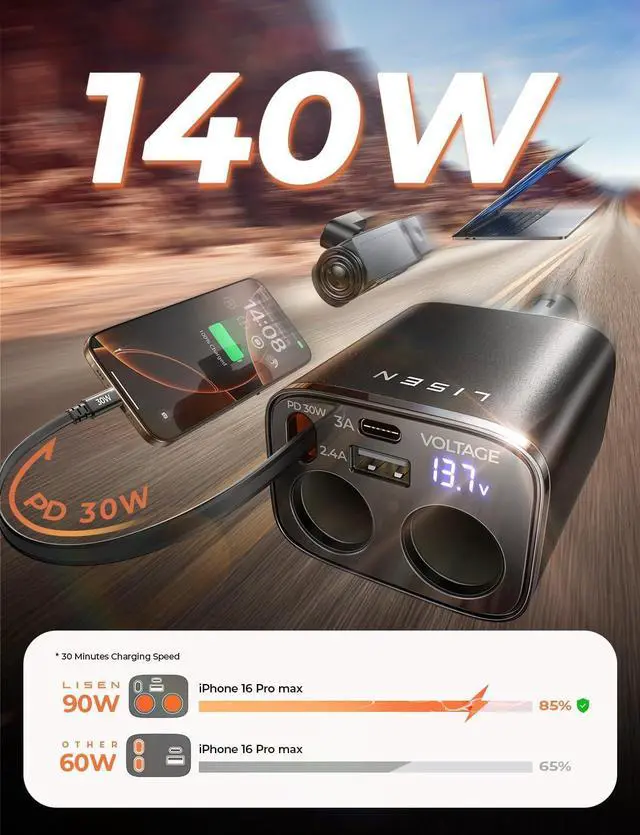 Alt view image 3 of 7 - 140W Retractable Car Charger with Dual Cigarette Lighter Splitter Adapter, Cigarette Lighter Splitter 2 Socket for Road Trip, 24/ 12V Double Car Charger Adapter for iPhone 16 15 14 13 12