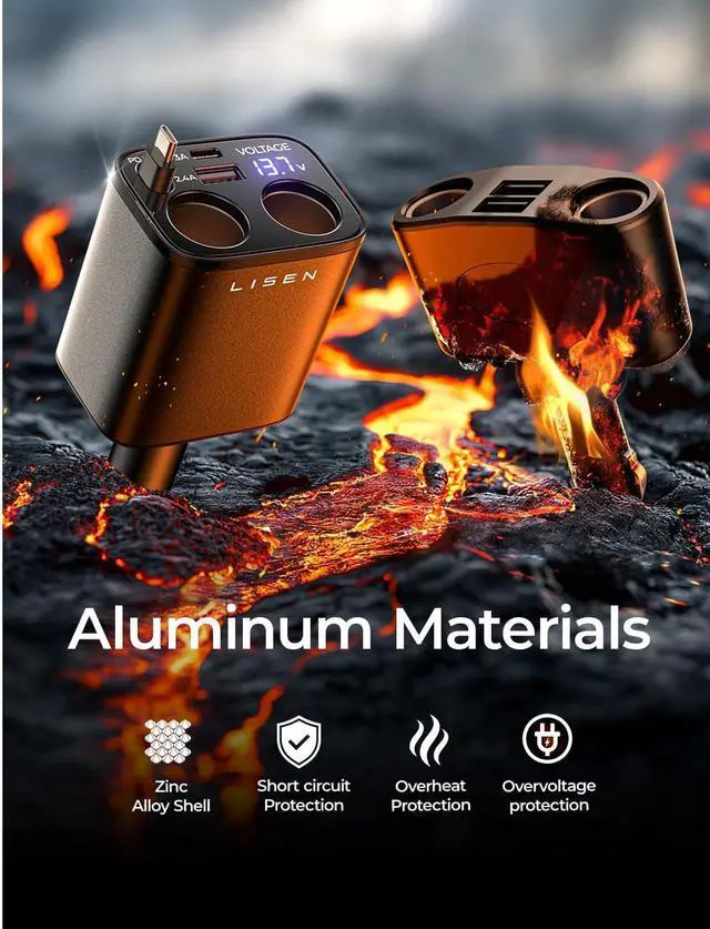 Alt view image 7 of 7 - 140W Retractable Car Charger with Dual Cigarette Lighter Splitter Adapter, Cigarette Lighter Splitter 2 Socket for Road Trip, 24/ 12V Double Car Charger Adapter for iPhone 16 15 14 13 12