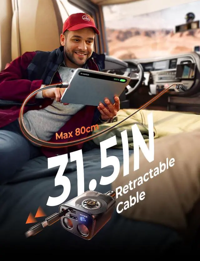 Alt view image 5 of 7 - 140W Retractable Car Charger with Dual Cigarette Lighter Splitter Adapter, Cigarette Lighter Splitter 2 Socket for Road Trip, 24/ 12V Double Car Charger Adapter for iPhone 16 15 14 13 12