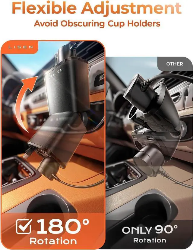 Alt view image 6 of 7 - 140W Retractable Car Charger with Dual Cigarette Lighter Splitter Adapter, Cigarette Lighter Splitter 2 Socket for Road Trip, 24/ 12V Double Car Charger Adapter for iPhone 16 15 14 13 12