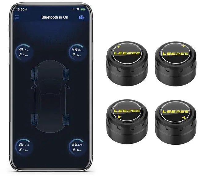 Main image of Tire Pressure Monitoring System, 5 Alarm Modes, with 4 External Sensors TPMS, Support iOS and Android, Real-time Displays Pressure and Temperature (0.1-6.4Bar)