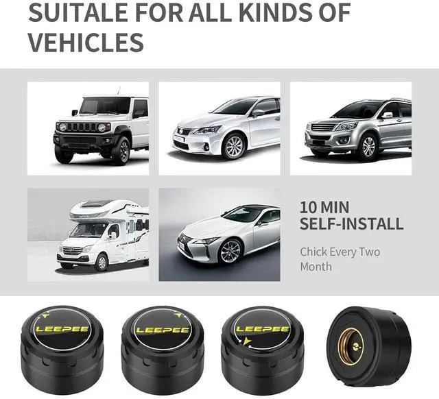 Alt view image 4 of 7 - Tire Pressure Monitoring System, 5 Alarm Modes, with 4 External Sensors TPMS, Support iOS and Android, Real-time Displays Pressure and Temperature (0.1-6.4Bar)