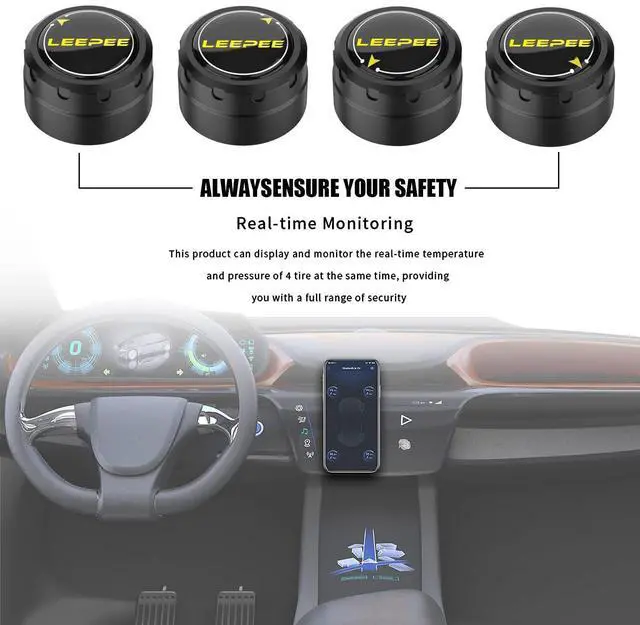 Alt view image 7 of 7 - Tire Pressure Monitoring System, 5 Alarm Modes, with 4 External Sensors TPMS, Support iOS and Android, Real-time Displays Pressure and Temperature (0.1-6.4Bar)