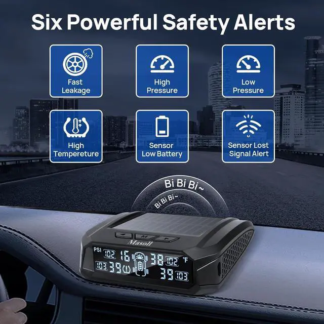 Alt view image 3 of 7 - RV tire Pressure Monitoring System, Wireless TPMS Tire Pressure Monitor System with Solar Charger, RV TPMS with 4 tire Pressure Sensors & 6 Alarm Modes(0-87 PSI)