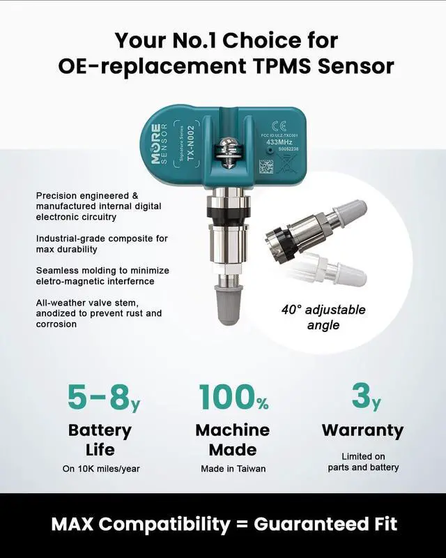 Alt view image 3 of 7 - Signature Series 433MHz TPMS Tire Pressure Sensor 4-Pack | Preprogrammed for Select 850+ European/American Brand Models | Replacement for 56029398AA | Clamp-in | NX-S033-4
