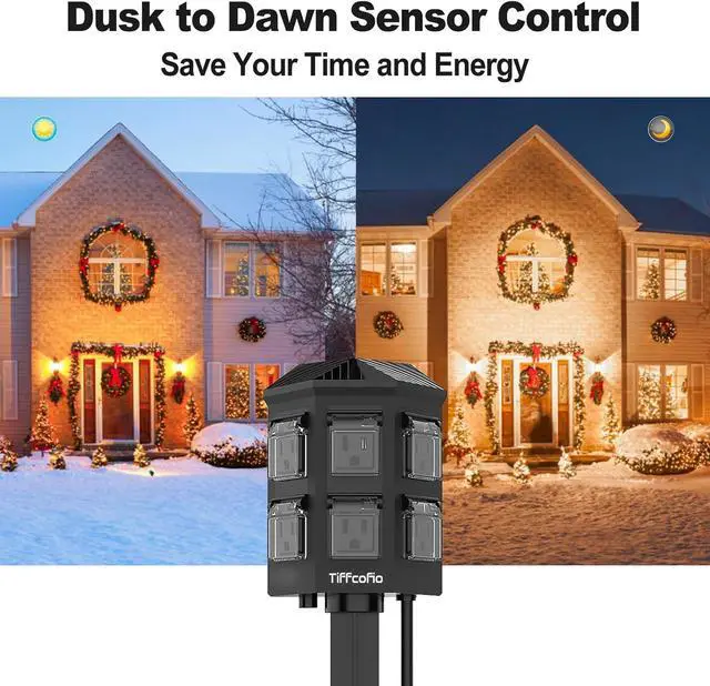 Alt view image 4 of 7 - Outdoor Power Stake Timer, 100FT Remote Control, Dusk to Dawn Light Timer, 50FT Extension Cord Waterproof, 6 Grounded Outlets for Outdoor Decorations, ETL Listed