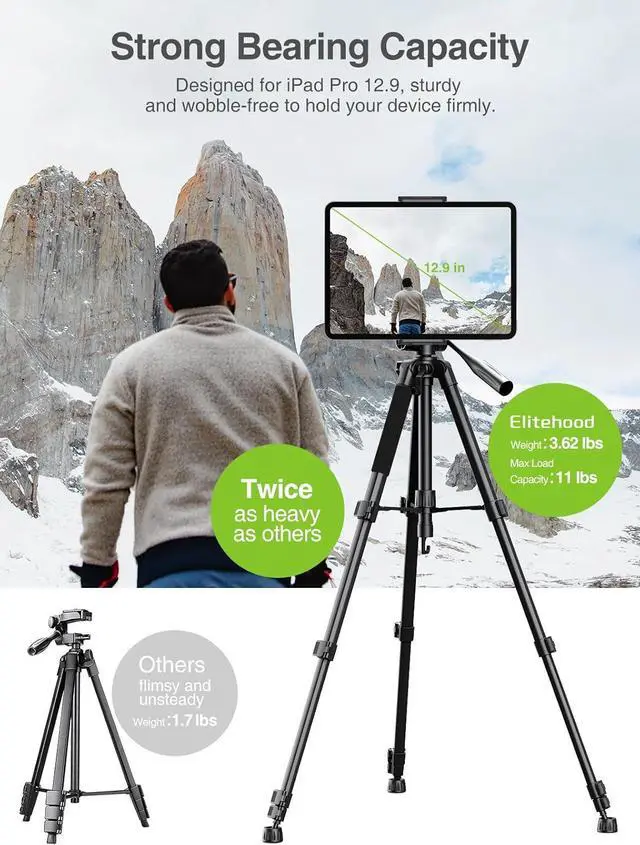 Alt view image 2 of 7 - Heavy Duty iPad Tripod, Ultra-Stable Camera Tripod for iPad Pro 12.9, iPad Stand Mount for Video Recording/Photography, Compatible with 4.7-13inch Tablet/iPad Pro/Webcam/DSLR