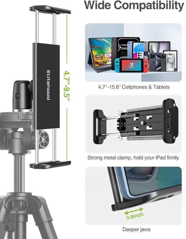 Alt view image 4 of 7 - Heavy Duty iPad Tripod, Ultra-Stable Camera Tripod for iPad Pro 12.9, iPad Stand Mount for Video Recording/Photography, Compatible with 4.7-13inch Tablet/iPad Pro/Webcam/DSLR