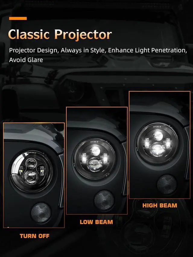 Alt view image 2 of 7 - 2pcs Projector 7 Inch LED Headlights Hi/Lo Beam 7 Round Headlight H6024 LED Headlight Compatible with Jeep Wrangler JK CJ TJ fit for Miata, Chevy S2