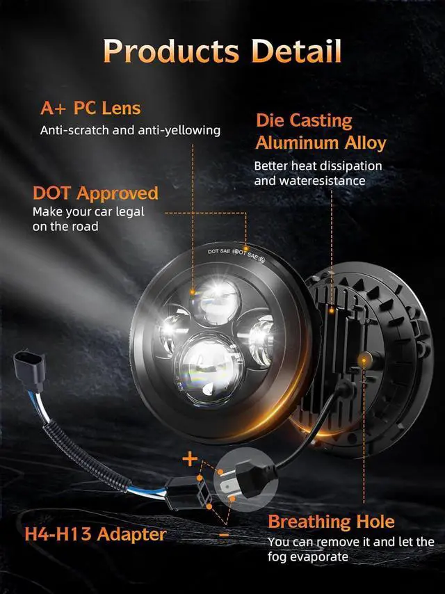 Alt view image 5 of 7 - 2pcs Projector 7 Inch LED Headlights Hi/Lo Beam 7 Round Headlight H6024 LED Headlight Compatible with Jeep Wrangler JK CJ TJ fit for Miata, Chevy S2