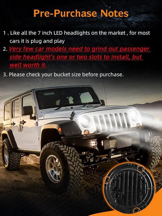 Alt view image 6 of 7 - 2pcs Projector 7 Inch LED Headlights Hi/Lo Beam 7 Round Headlight H6024 LED Headlight Compatible with Jeep Wrangler JK CJ TJ fit for Miata, Chevy S2