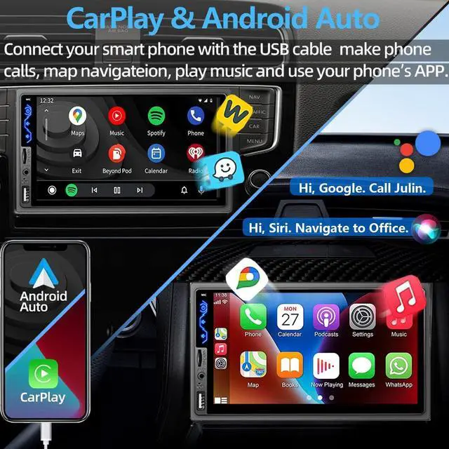 Alt view image 2 of 6 - Double Din Car Stereo Compatible with  CarPlay and Android Auto - 7inch HD Touchscreen Car Audio Receivers with Bluetooth, Mirror Link, Backup Camera, SWC/USB/AUX/TF/Subwoofer, FM Car Radio