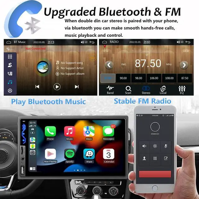Alt view image 3 of 6 - Double Din Car Stereo Compatible with  CarPlay and Android Auto - 7inch HD Touchscreen Car Audio Receivers with Bluetooth, Mirror Link, Backup Camera, SWC/USB/AUX/TF/Subwoofer, FM Car Radio