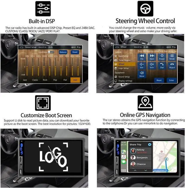 Alt view image 4 of 6 - Double Din Car Stereo Compatible with  CarPlay and Android Auto - 7inch HD Touchscreen Car Audio Receivers with Bluetooth, Mirror Link, Backup Camera, SWC/USB/AUX/TF/Subwoofer, FM Car Radio