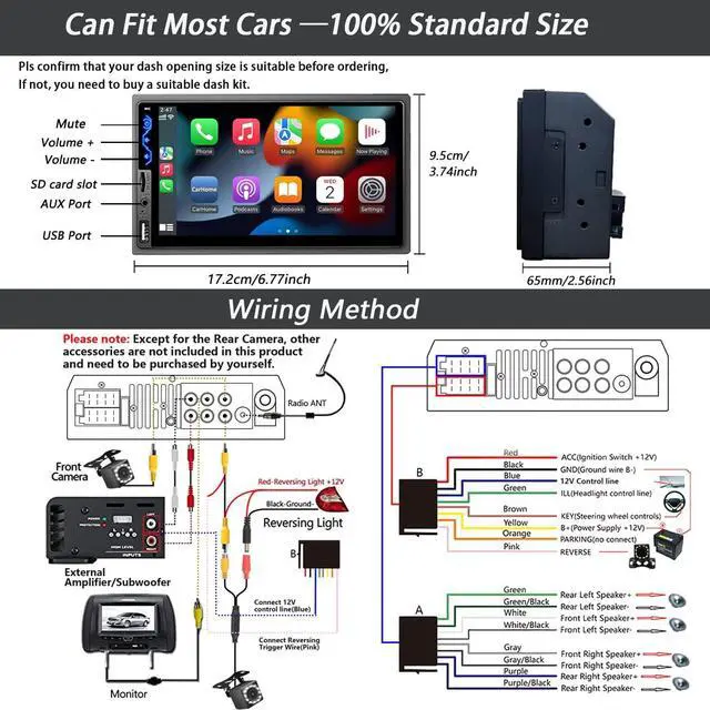 Alt view image 6 of 6 - Double Din Car Stereo Compatible with  CarPlay and Android Auto - 7inch HD Touchscreen Car Audio Receivers with Bluetooth, Mirror Link, Backup Camera, SWC/USB/AUX/TF/Subwoofer, FM Car Radio