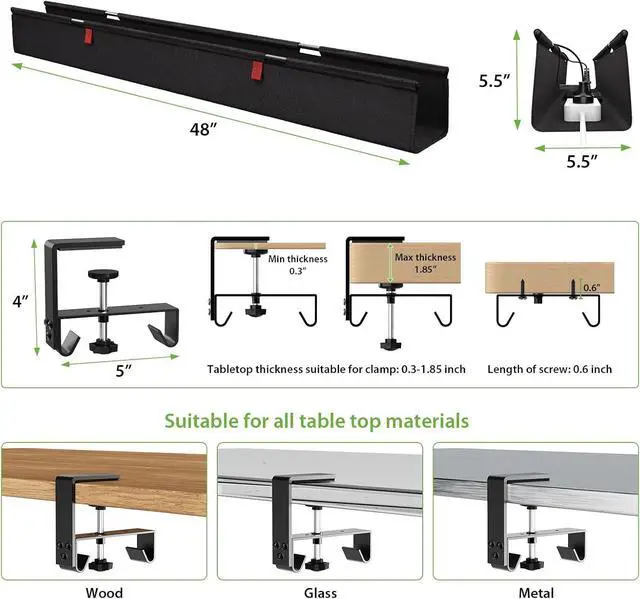 Alt view image 5 of 7 - Extra Large 48" Under Desk Cable Management Tray - Under Desk Cord Organizer - Clamp/Screw Mount - Support Upto 70lbs - Desktop Wire Management - Gaming/PC Cable Tray Cord Hiders for Office/Home