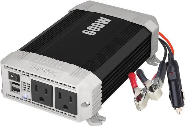 Main image of 600 Watt 12V DC to 110V AC Car Power Inverter, Modified Sine Wave, 2 Outlets, 2 USB Ports, Cigarette Lighter Plug & Clamps - ETL Approved Under UL STD 458