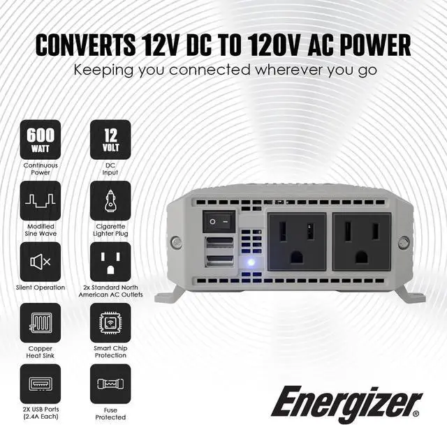 Alt view image 3 of 7 - 600 Watt 12V DC to 110V AC Car Power Inverter, Modified Sine Wave, 2 Outlets, 2 USB Ports, Cigarette Lighter Plug & Clamps - ETL Approved Under UL STD 458
