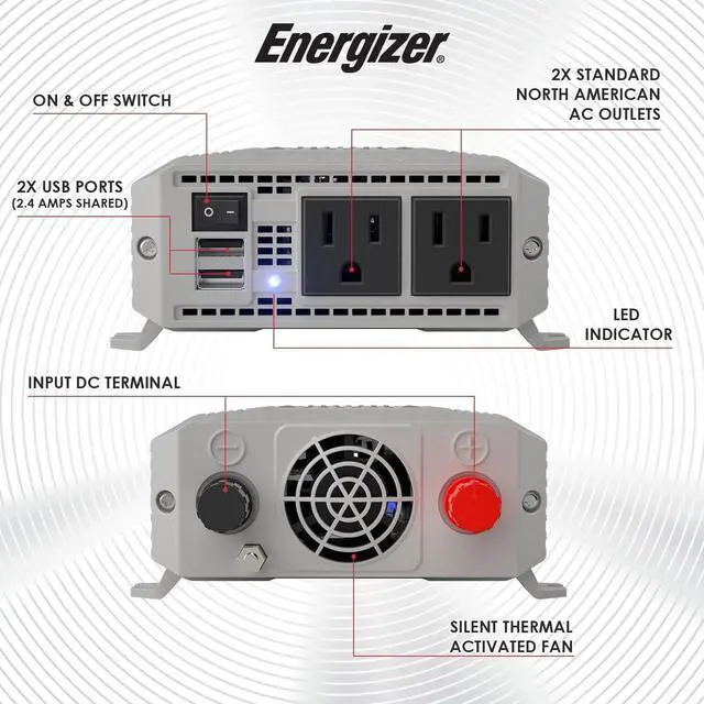 Alt view image 7 of 7 - 600 Watt 12V DC to 110V AC Car Power Inverter, Modified Sine Wave, 2 Outlets, 2 USB Ports, Cigarette Lighter Plug & Clamps - ETL Approved Under UL STD 458