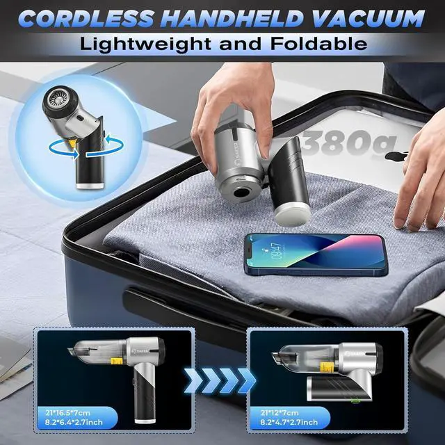 Alt view image 7 of 7 - Handheld Car Vacuum Portable Cordless17000PA Mini Vacuums Rechargeable Foldable Vacuum Cleaner with Brushless Motor for Gifts Home,Office Pet HL132 Black