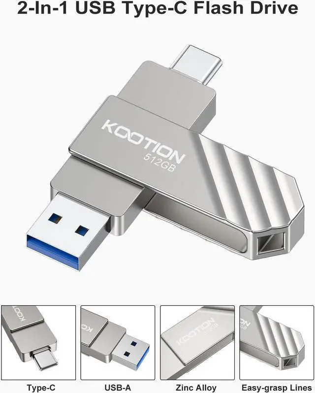 Alt view image 3 of 7 - 512GB Type-C Thumb Drive Dual USB 3.2 Flash Drive Up to 450MB/s, KOOTION 2 in1 OTG USB C Solid State Flash Drive, Swivel USB Drive Memory Stick for iPhone 15/16