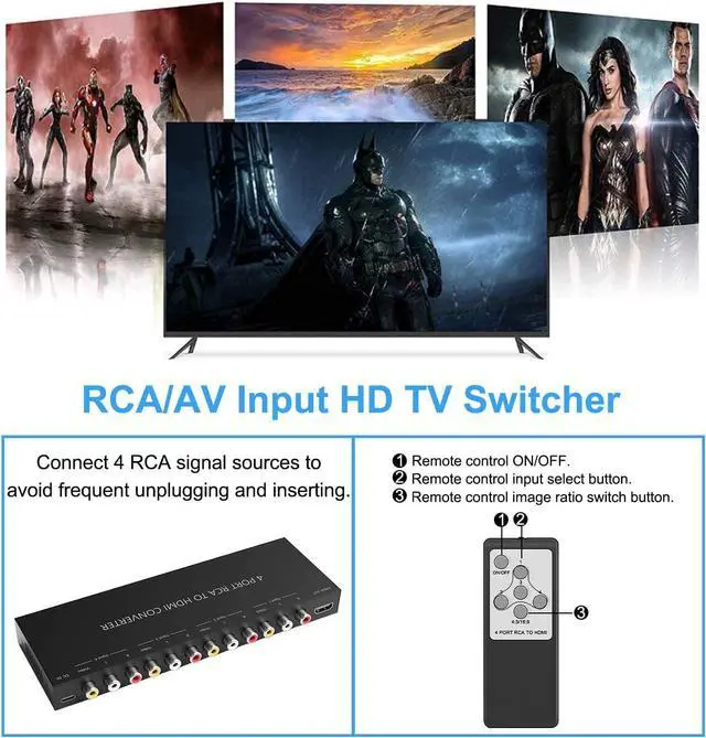 Alt view image 5 of 7 - 4Port AV to HDMI Converter, 4Port AV to HDMI Switcher with IR Remote, Support 16:9/4:3 and Quick Switch Compatible with WII/N64/SNES/Xbox/PS1/PS2/PS3/VHS/VCR/DVD Players etc.(4AV In-1HDMI Out)