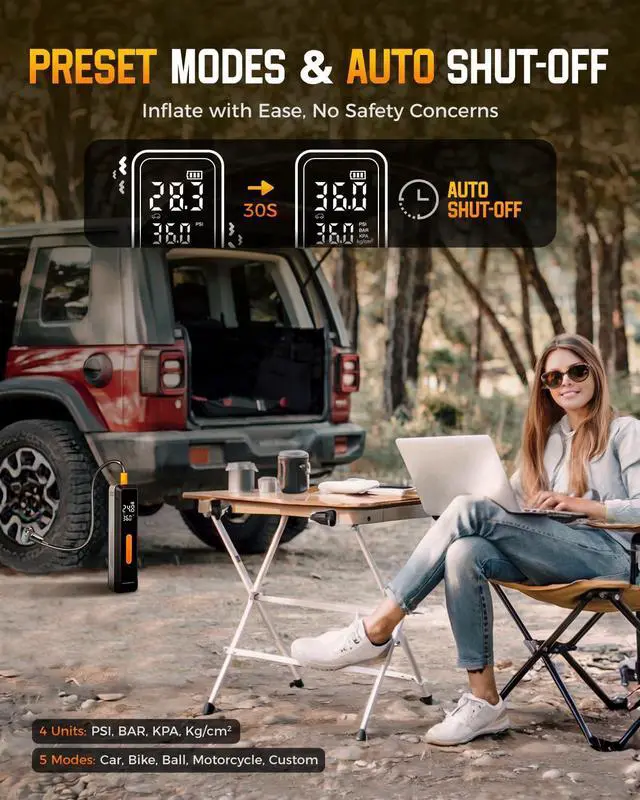 Alt view image 4 of 7 - Tire Inflator Portable Air Compressor - with 20000mAh Battery, 150 PSI Air Pump For Car Tires, 12V DC Electric Bike Tire Pump with Pressure Gauge LED Light for Car, Bicycle, Motorcycle, Ball