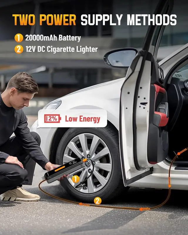 Alt view image 5 of 7 - Tire Inflator Portable Air Compressor - with 20000mAh Battery, 150 PSI Air Pump For Car Tires, 12V DC Electric Bike Tire Pump with Pressure Gauge LED Light for Car, Bicycle, Motorcycle, Ball