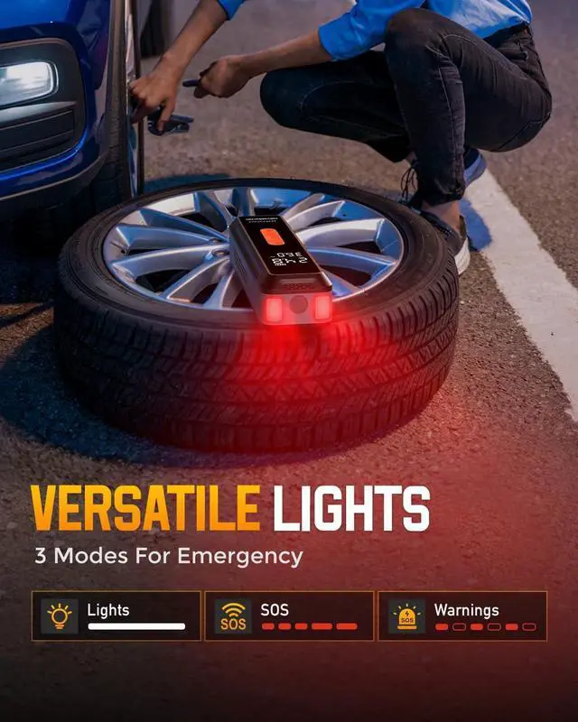 Alt view image 7 of 7 - Tire Inflator Portable Air Compressor - with 20000mAh Battery, 150 PSI Air Pump For Car Tires, 12V DC Electric Bike Tire Pump with Pressure Gauge LED Light for Car, Bicycle, Motorcycle, Ball