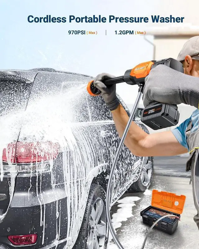Alt view image 2 of 6 - Cordless Pressure Washer Power Washer, 970PSI Portable Car Washer with 3.0Ah Battery 6-in-1 Nozzle Carry Box Battery Operated Power Washer for Cars, Fences, Patio, Bikes Cleaning
