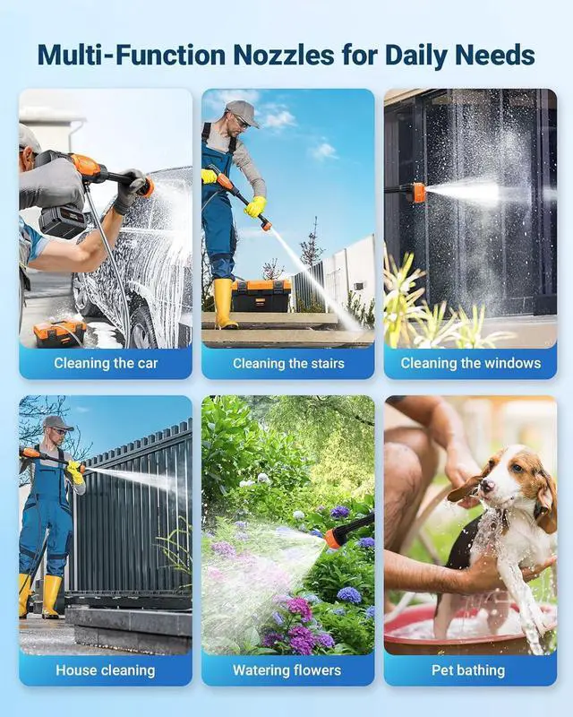 Alt view image 3 of 6 - Cordless Pressure Washer Power Washer, 970PSI Portable Car Washer with 3.0Ah Battery 6-in-1 Nozzle Carry Box Battery Operated Power Washer for Cars, Fences, Patio, Bikes Cleaning