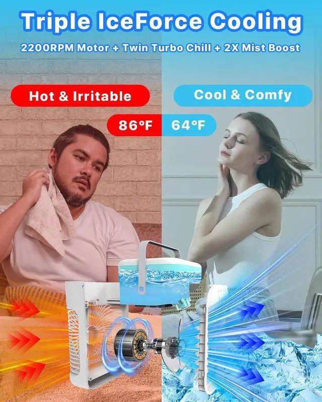 Alt view image 2 of 7 - Portable Air Conditioner, Evaporative Mini Portable AC Unit with 3 Speeds & 2 Mist, 180° Oscillating, 7 Color Lights 2-4H Timer, Small Cooling Fan for Bedroom, Office, Home, Camping
