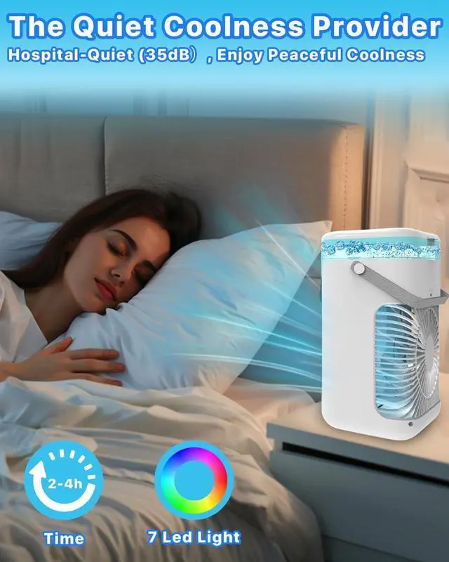 Alt view image 3 of 7 - Portable Air Conditioner, Evaporative Mini Portable AC Unit with 3 Speeds & 2 Mist, 180° Oscillating, 7 Color Lights 2-4H Timer, Small Cooling Fan for Bedroom, Office, Home, Camping