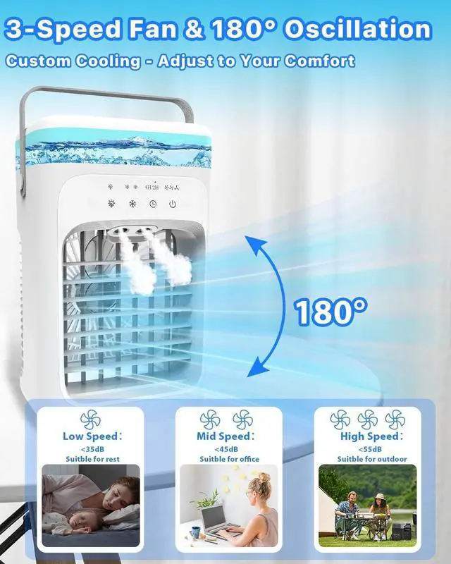 Alt view image 4 of 7 - Portable Air Conditioner, Evaporative Mini Portable AC Unit with 3 Speeds & 2 Mist, 180° Oscillating, 7 Color Lights 2-4H Timer, Small Cooling Fan for Bedroom, Office, Home, Camping